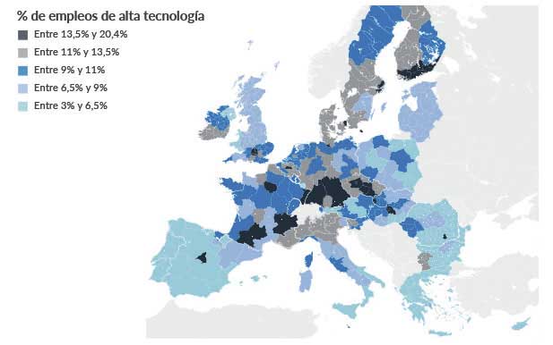 Distribución regional de empleos en alta tecnología