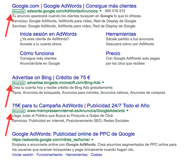 Ejemplo de anuncios de Adwords
