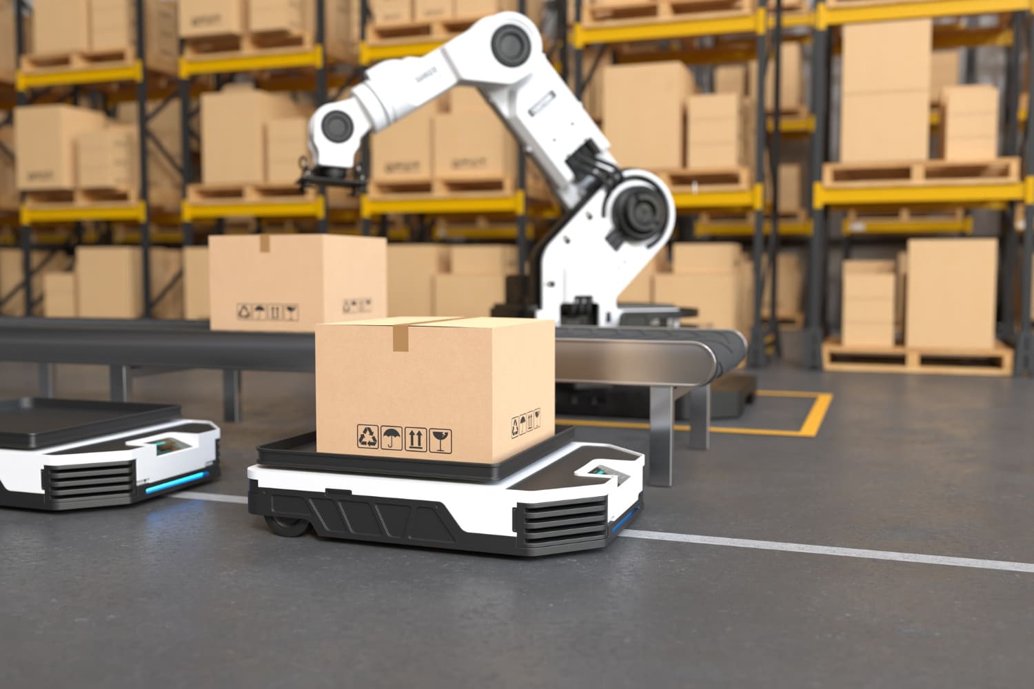 the-robot-arm-picks-up-the-box-to-autonomous
